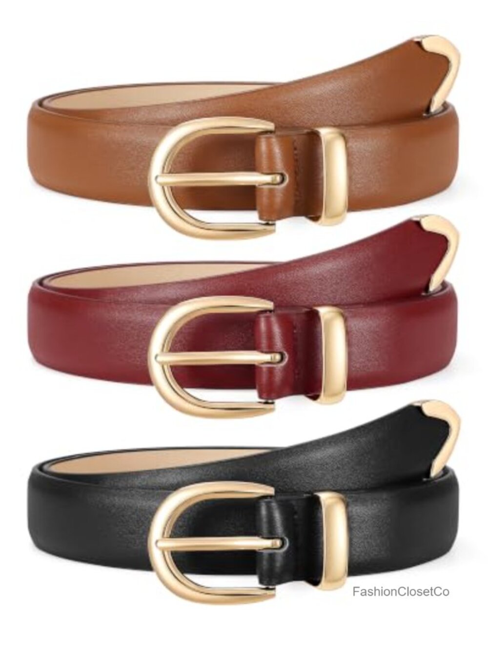 3 Pack Women Faux Leather Belts Gold Buckle Jeans Pants Waist Belt